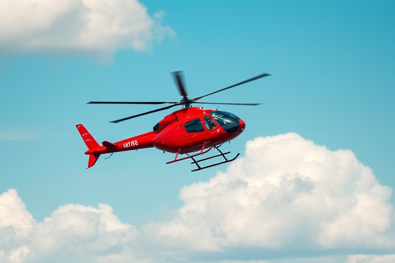 A vibrant red helicopter taking off against a clear blue sky with fluffy clouds, shot in high resolution with a DSLR camera at 1/500s shutter speed, f/8 aperture, ISO 200, using a telephoto lens from a mid-range perspective to capture dynamic movement and sharp details.
