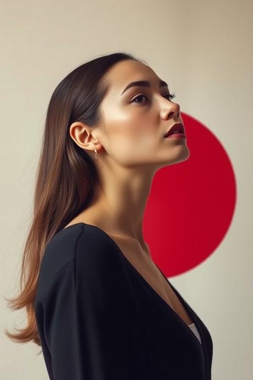 Create a minimalist portrait of a woman with geometric shapes in muted colors, emphasizing a side profile with a large red circle in the background, captured with a DSLR camera at ISO 100, f/2.8 aperture, 50mm lens, natural lighting, and a shallow depth of field to enhance clarity and detail.