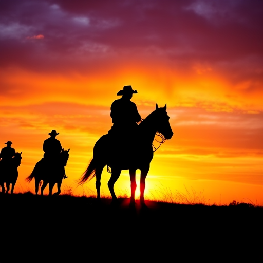 Create a silhouette image of cowboys riding horses at sunset with a vibrant orange and purple sky, using a DSLR camera with a 24mm lens, aperture f/8, ISO 100, 1/200 sec shutter speed, in a panoramic view.