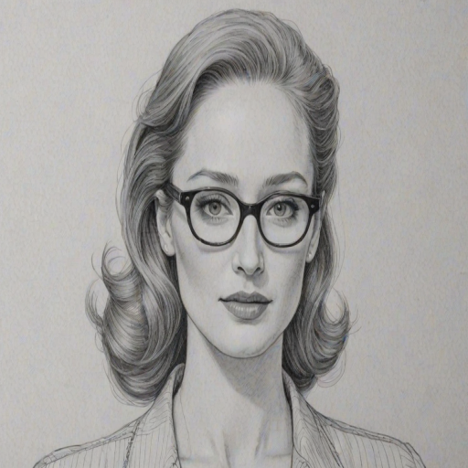 Comely Lotte Verbeek, pencil sketch, portrait of Lovely woman 1945s in glasses, hair style beatnik, outline, clear lines, fine lines, 8k
