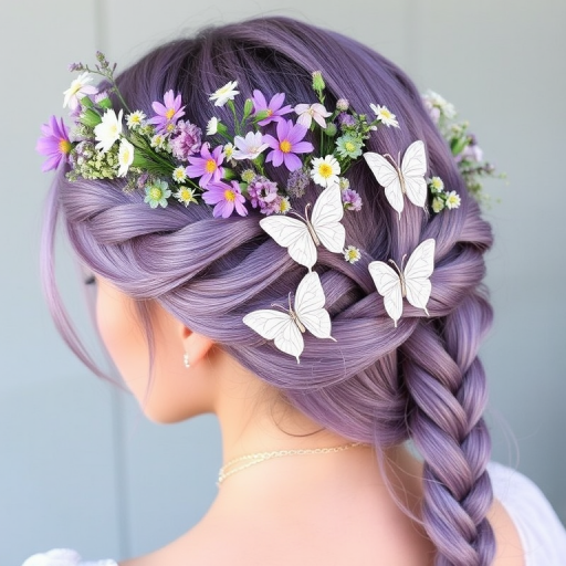 Whimsical lavender-hued crown braid adorned with fresh wildflowers and delicate butterfly clips, known as "Enchanted Meadow" evoking a fairytale-like charm