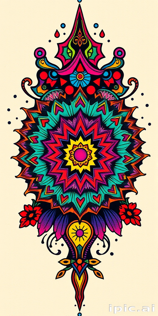 Psychedelic tattoo inspired by 1960s artwork, kaleidoscopic patterns and vibrant neon colors, optical illusions and trippy visual effects, mind-bending and mesmerizing design