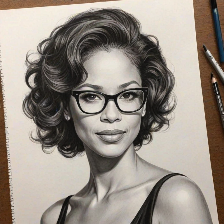 Elegant Sherri Saum, pencil sketch, portrait of Exquisite woman 1956s in glasses, hair style beatnik, outline, clear lines, fine lines, 8k