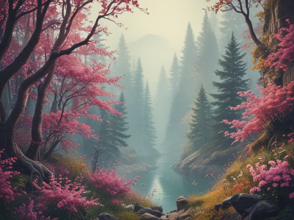 Tranquil Forest Scene with Vibrant Pink Blossoms and Serene River