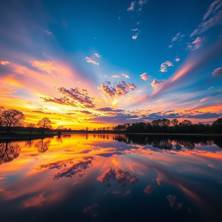 Create a vibrant landscape image of a serene sunset over a calm lake, with reflections of the sky and trees, captured with a Canon EOS R5, 24mm f/1.4 lens, aperture set at f/8, ISO 100, in HDR mode for enhanced detail and clarity.