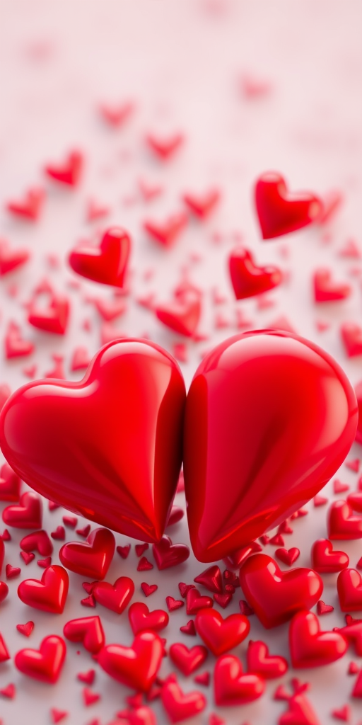 create a 3D render of two large red hearts with smaller hearts floating around them, soft focus, aperture f/2.8, ISO 100, 24mm lens, overhead view, using a DSLR camera for high detail and vibrant colors