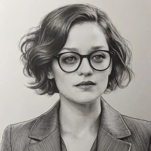 Stunning Marion Cotillard, pencil sketch, portrait of Charming woman 1924s in glasses, hair style beatnik, outline, clear lines, fine lines, 8k