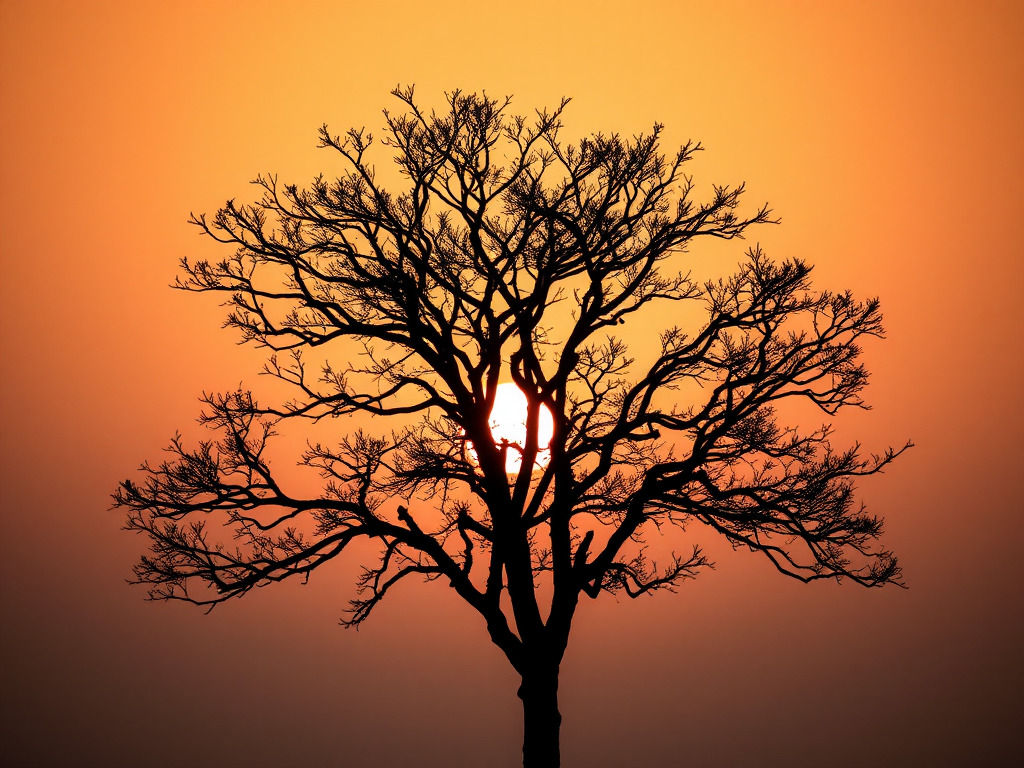 Create a high-resolution image of a silhouette of a tree against a sunset background, using a DSLR camera with a 50mm lens, aperture f/1.8, ISO 100, shutter speed 1/200s, with a soft focus effect to enhance the tranquility of the scene.