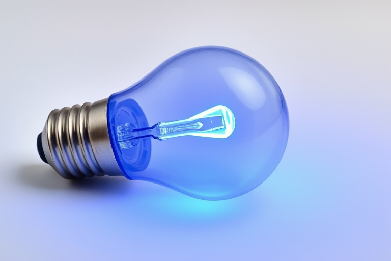 Create a high-resolution image of a blue LED bulb with a soft glow, using a macro lens at f/2.8, ISO 100, 1/60 shutter speed, in a well-lit studio setting with a white background and a slight vignette effect for depth.