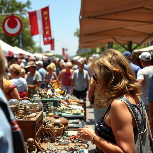 Busy flea market on a sunny day, a woman browses the stalls, her hands inspecting vintage trinkets and forgotten treasures as the crowd bustles around her.