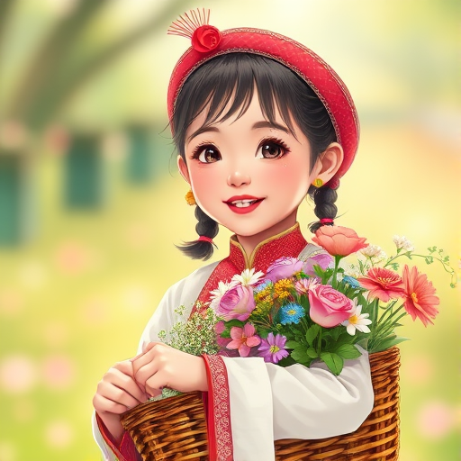 Create a high-resolution illustration of a young girl in traditional attire, holding a basket of flowers, shot with a DSLR camera at f/4 aperture, 50mm lens, natural lighting, vibrant colors, and a soft focus background to enhance details.