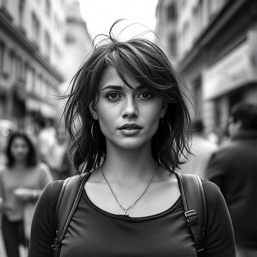 Regenerate a high-contrast black and white image of a confident woman with tousled hair in a busy urban street setting, using a Canon EOS R5 camera, 50mm lens, aperture f/1.8, shutter speed 1/200s, ISO 100, with a shallow depth of field to create a blurred background.