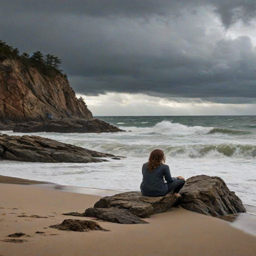Secluded beach on a cloudy day, waves crashing against the rocks, a woman sits on the sand, her knees pulled up to her chest as she watches the storm clouds gather on the horizon.
