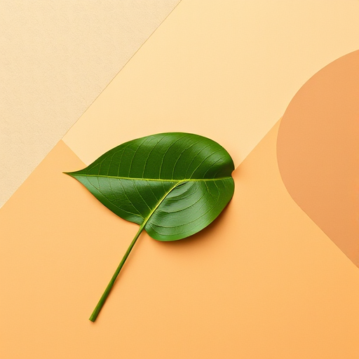 create a minimalist flat lay design featuring a single green leaf with curved lines on a colored background with abstract shapes in soft earth tones, captured with a Canon EOS R5, 50mm lens, aperture f/2.8, ISO 100, natural light, top-down view