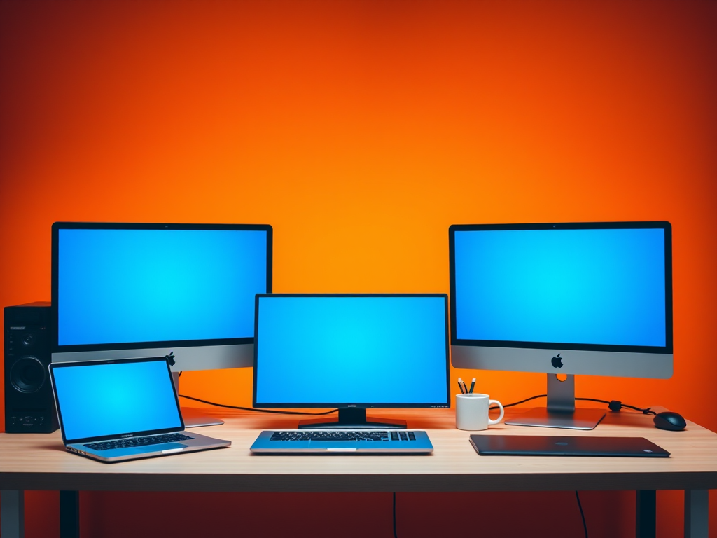 Generate an image of a modern office desk setup featuring three computer monitors displaying blue screens, with a laptop and a coffee mug on the desk, against an orange background, using a high-resolution DSLR camera, 50mm lens, f/2.8 aperture, ISO 200, and a wide-angle view.