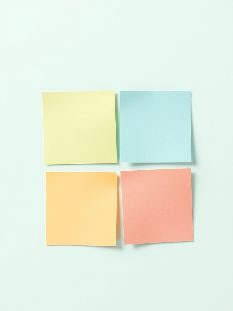 Create an image of four sticky notes arranged in a square layout, colors being mint green, soft yellow, pastel blue, and coral, with slight shadows for depth, using a Canon EOS R5 camera, aperture f/8, ISO 100, 35mm lens, with a shallow depth of field and high resolution for clarity.