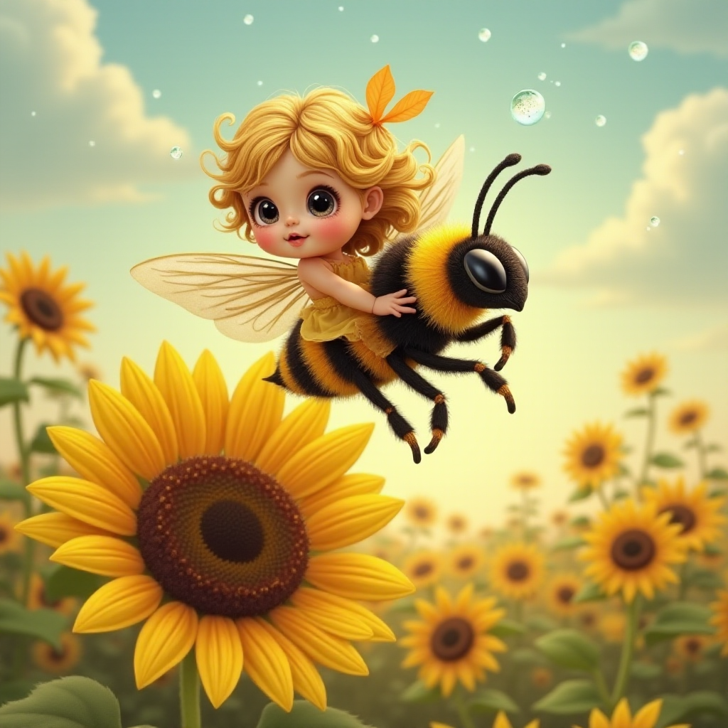 a whimsical cute girl with big eyes, big hair and flowing dress, riding astride a bumble bee, and flying across the top of the sunflower, which are just waking up, and catching dew drop of rain