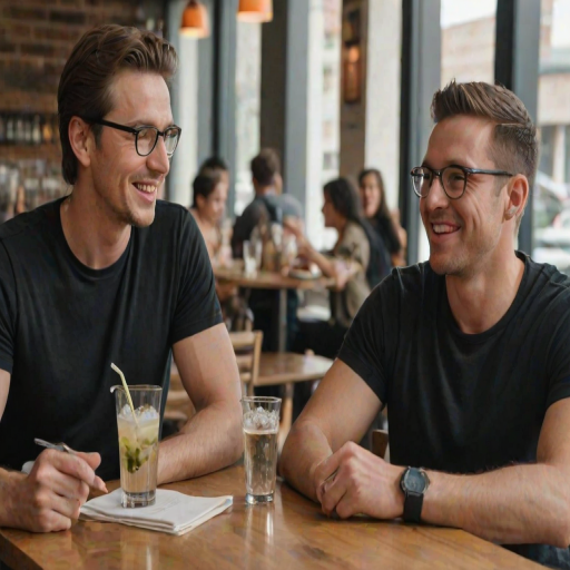 Medium shot photo of two men sitting closely together at a restaurant table, both holding drinks in a casual, friendly pose. The man on the left has light skin, short brown hair, and wears glasses with a warm smile, dressed in a dark zip-up jacket over a collared shirt. The man on the right has a medium tan skin tone, dark wavy hair, and a relaxed expression, wearing a black T-shirt with a visible arm sling. They sit side by side, leaning slightly towards each other, suggesting camaraderie, with their arms resting on the white-clothed table, which has drinks, a menu, and utensils scattered across it. The background features an expansive indoor space with high ceilings, exposed metal beams, and large windows allowing bright natural light to fill the area. The restaurant ambiance is lively, with other patrons visible in the background, creating a bustling yet comfortable atmosphere. The overall lighting is bright, diffused through the windows, giving a soft glow to the scene, emphasizing the warm, friendly interaction between the two men