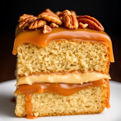 A slice of layered cake with creamy caramel filling and chopped pecans on top, showcasing its moist texture and rich caramel glaze.