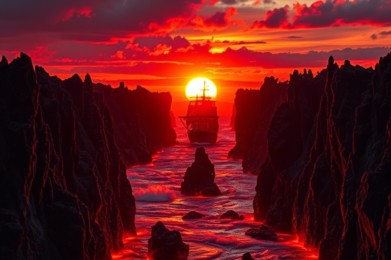 A dramatic sunset over a fiery lava river with sharp, jagged rock formations on either side, a wooden sailing ship navigating through the molten landscape, captured with a Canon EOS 5D Mark IV at f/8, 1/60s, ISO 100, 24mm lens, HDR style with vibrant colors and high contrast.