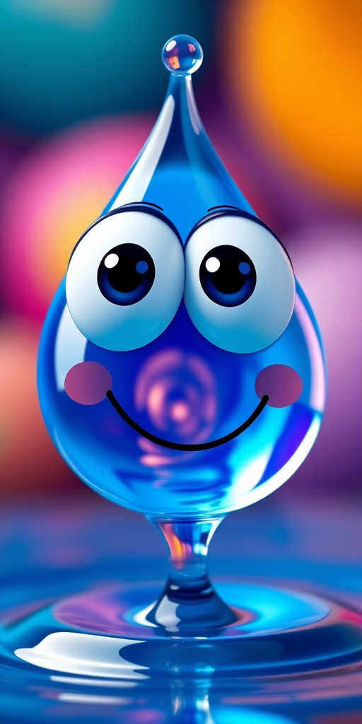 Generate a bright, cartoon-style blue water droplet with large expressive eyes and a friendly smile, captured using a DSLR camera with a 50mm lens at f/2.8, 1/200s, ISO 100, in a colorful and playful setting, ensuring vibrant colors and smooth gradient.