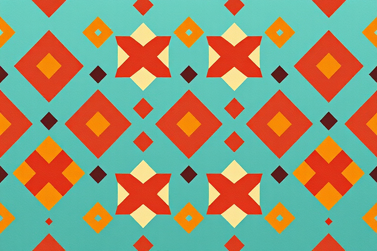 Create a high-resolution repeating geometric pattern of diamonds and abstract shapes in earthy tones of red, yellow, and beige on a teal background, captured with a Canon EOS R5 at f/8, ISO 100, 50mm lens, top-down view, flat lay style.