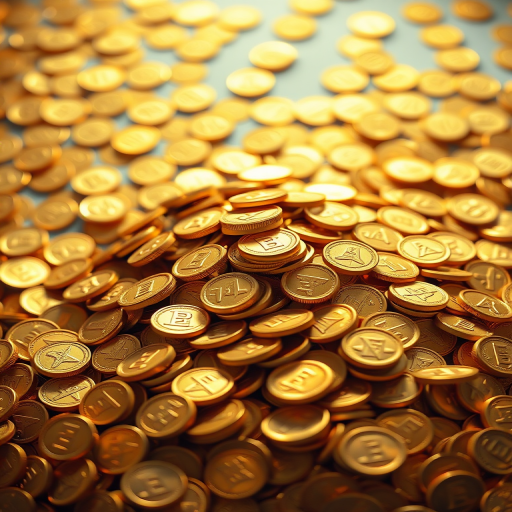Create a high-resolution illustration of a large pile of golden coins with a soft-focus background, using a DSLR camera at f/2.8 aperture, 50mm lens, and a top-down angle to emphasize depth and texture.