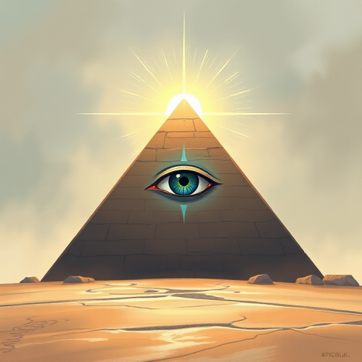 Create an illustration of the Eye of Providence within a pyramid, using a digital painting style, high-resolution settings, shot from a straight-on view with soft lighting to enhance depth and detail, camera type: digital SLR, settings: ISO 100, aperture f/8, shutter speed 1/125s.