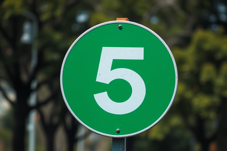 Create a high-resolution image of a green circular traffic sign with a large white number 5 in the center, shot with a DSLR camera at f/2.8 aperture, ISO 100, 50mm lens, from a slight angle view to enhance depth and detail.