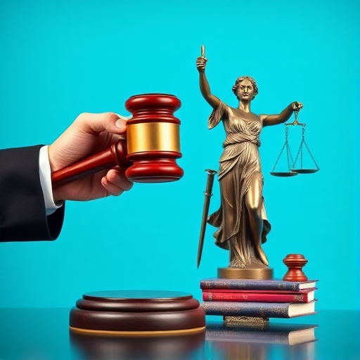 Generate an image of a gavel hitting a sound block with a hand in a black suit on the left, a statue representing justice with a sword and scales on the right, stacked law books below the statue, bright blue background, shot with a Canon EOS R, 50mm lens, aperture f/2.8, shutter speed 1/125s, ISO 100, high contrast.