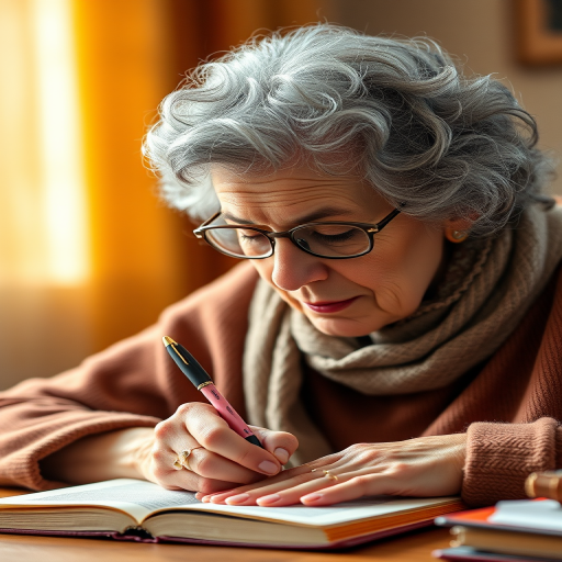 elderly woman with gray curly hair writing in a book with a pink flower pen, warm indoor lighting, soft focus, Canon EOS 5D Mark IV, aperture f/2.8, shutter speed 1/60 sec, ISO 400, 35mm lens, natural light, close-up shot