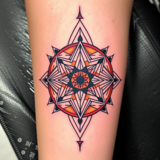 Geometric tattoo "Sacred Symmetry" combining precise linework and sacred geometry patterns in black ink with pops of vibrant color gradients for a modern, eye-catching design