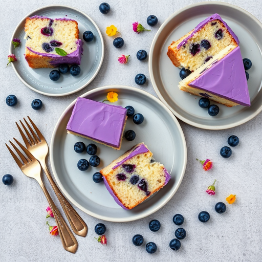 A beautiful display of slices of blueberry cake with purple frosting arranged on gray plates scattered with fresh blueberries and edible flowers, featuring vintage silver forks beside the plates, all set on a textured gray surface.