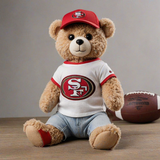 A cute and fluffy teddy bear dressed in a San Francisco 49ers-themed outfit, wearing a red cap with the 49ers logo, aviator sunglasses, and a white football jersey with red accents. The bear is also wearing casual jeans and red and white sneakers, while sitting in a relaxed pose with a football beside it. The teddy bear has a cool, laid-back attitude, with a sporty vibe. The background is clean and minimal, highlighting the bear as the main focus.