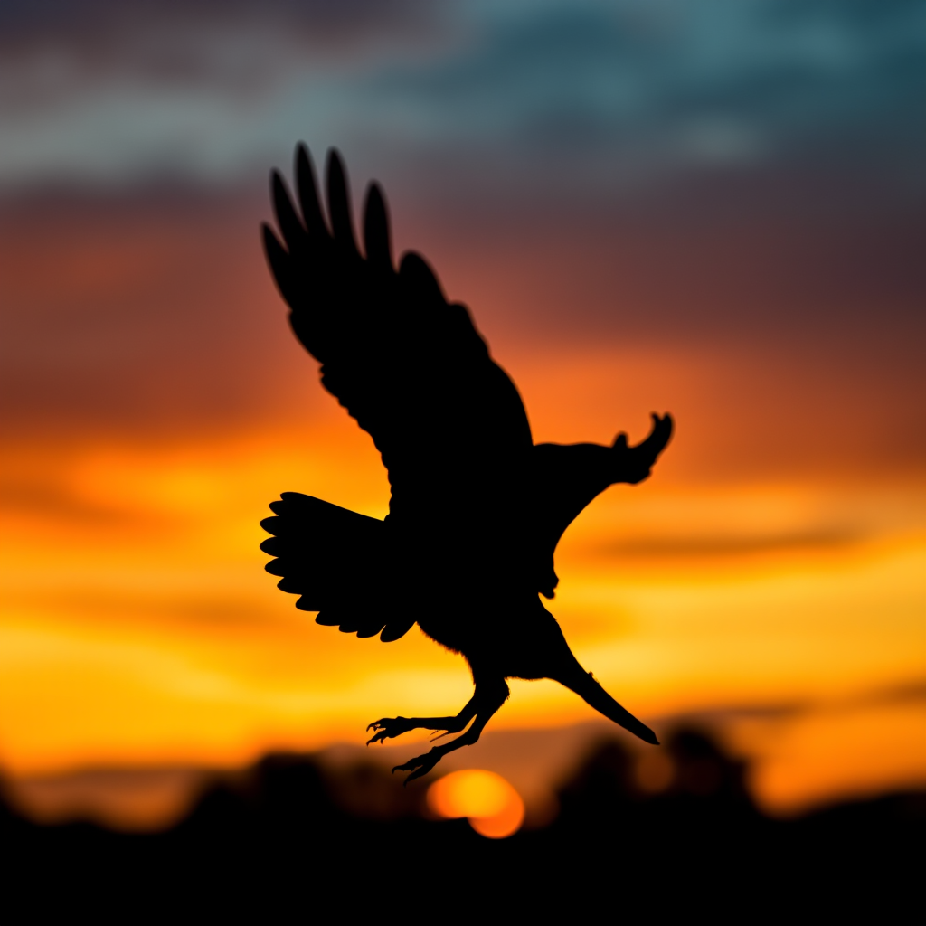 Create a vibrant, high-resolution silhouette of a bird in motion against a colorful sunset background, shot with a Canon EOS R5 at f/4, ISO 200, Shutter Speed 1/500s, in a wide-angle view, using a dramatic lighting style to enhance details.