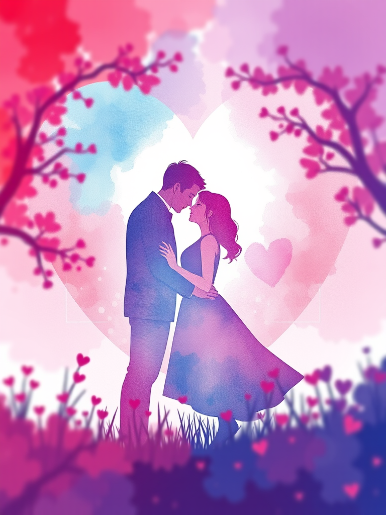 regenerate a romantic watercolor illustration of a couple silhouetted in a heart-shaped scene with vibrant colors of pink, blue, and purple, soft focus, standard lens, ISO 100, aperture f/4, shutter speed 1/100s, using a DSLR camera