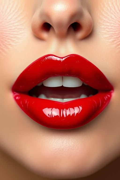 Classic cherry red lips with glossy finish, perfectly symmetrical shape, timeless allure and confidence, iconic Ruby Slipper Shine design