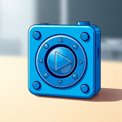 Create an illustration of a blue rectangular music player with a circular control interface featuring play, rewind, and fast-forward buttons, using a high-resolution digital art style with a 50mm lens, f/2.8 aperture, soft lighting, and a slightly blurred background for depth.