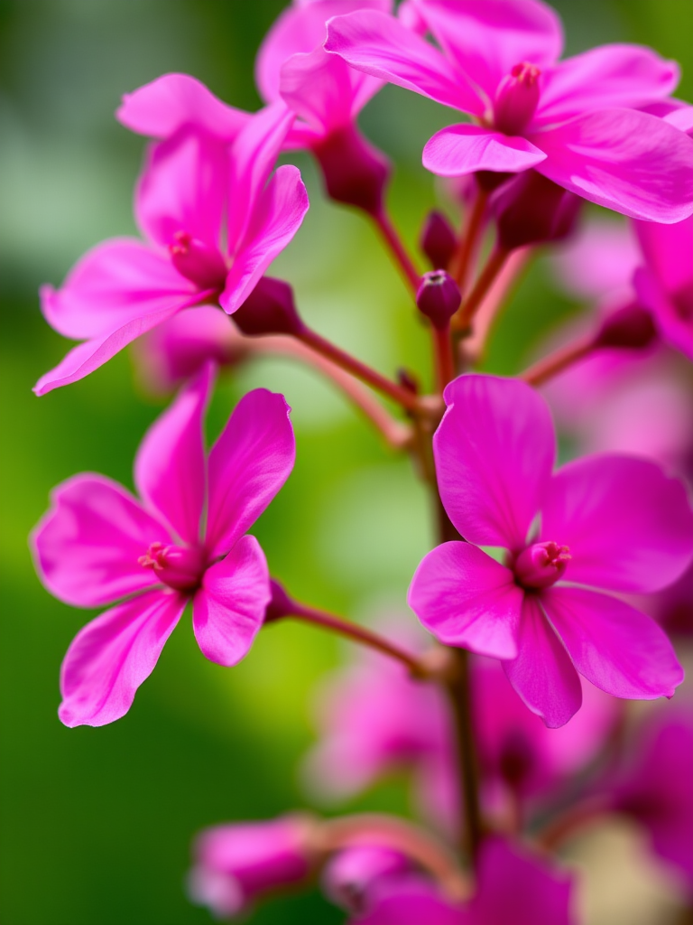 macro photograph of vibrant pink flowers with a blurred green background, aperture f/2.8, shutter speed 1/200s, ISO 100, 100mm lens, natural light, DSLR camera