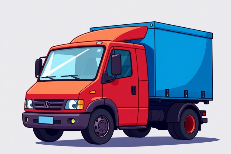 Create a colorful cartoon-style illustration of a red truck with a blue cargo box, using a high-resolution digital art style, viewed from a side angle, with soft lighting and a clean background, captured by a digital camera with a 50mm lens at f/8 aperture, ISO 100, and a shutter speed of 1/200s.
