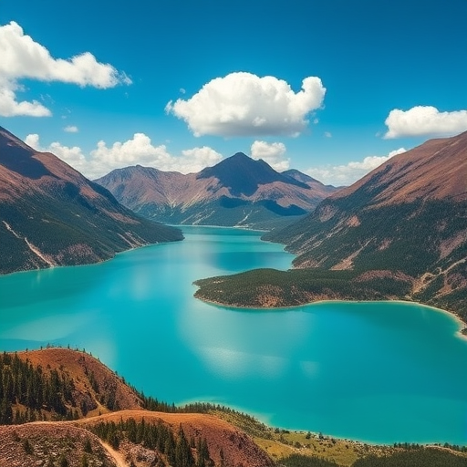 capture a serene landscape of a turquoise lake surrounded by mountains under a clear blue sky with fluffy clouds using a DSLR camera, 24mm lens, f/8 aperture, ISO 200, 1/200s shutter speed for enhanced clarity and depth