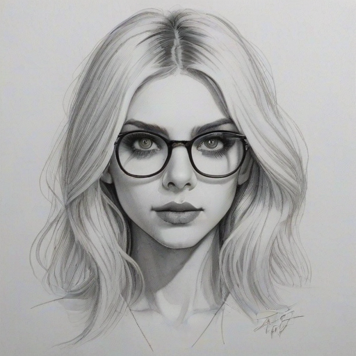 Graceful Taylor Momsen, pencil sketch, portrait of Fascinating woman 1944s in glasses, hair style beatnik, outline, clear lines, fine lines, 8k