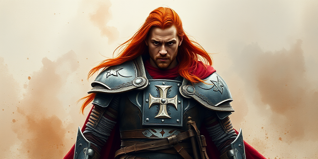 Create an image of a heroic warrior with long red hair and a red cape, wearing detailed armor, in a battle-ready pose against a dramatic watercolor background, shot with a DSLR camera at f/2.8, ISO 100, 50mm lens, with a shallow depth of field for a soft background effect.