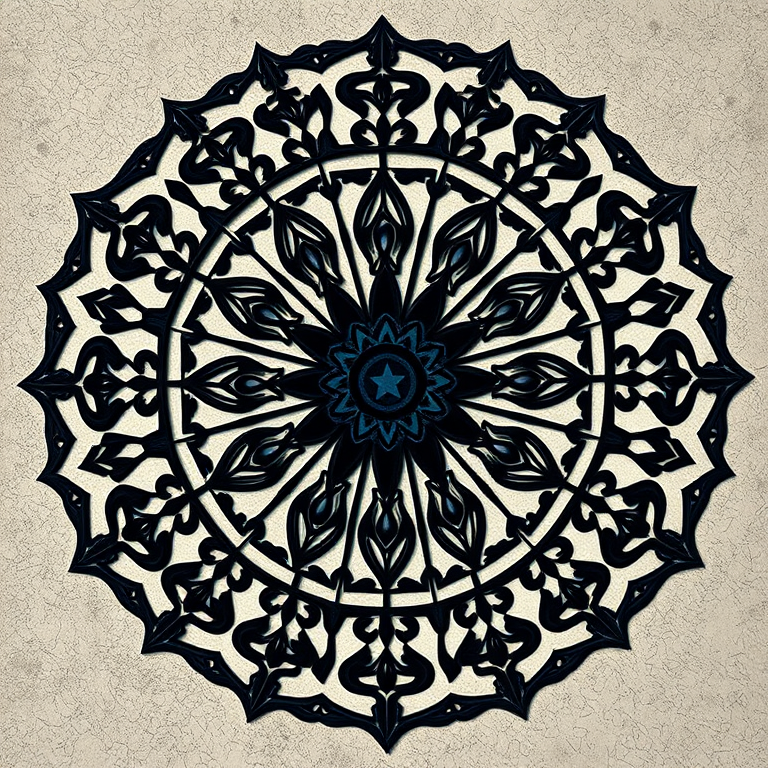 Create a high-resolution image of an intricate black mandala design with symmetrical patterns centered on a star, shot with a Canon EOS R5 at f/8, ISO 100, 50mm lens, in natural light from an overhead angle for enhanced detail and sharpness.