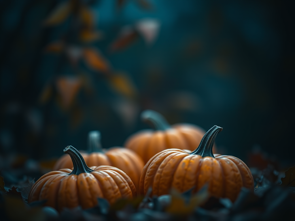 pumpkins in a dark blue background with autumn leaves, bokeh effect, shallow depth of field, f/2.8 aperture, ISO 100, 50mm lens, DSLR camera, soft focus style, vibrant colors, moody lighting