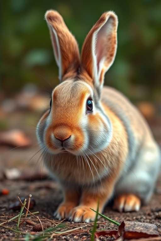 Generate a detailed image of a realistic rabbit with a soft fur texture in a natural setting, using a DSLR camera with an aperture of f/2.8, ISO 200, shutter speed of 1/250s, captured from a low angle view with a shallow depth of field for a blurred background, in vibrant colors and high resolution.