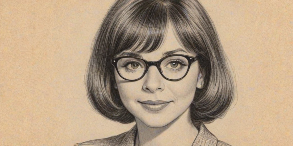 Exquisite Cindy Williams, pencil sketch, portrait of Comely woman 1952s in glasses, hair style beatnik, outline, clear lines, fine lines, 8k