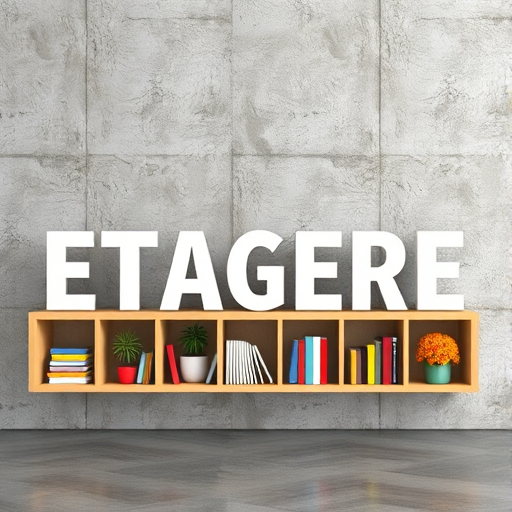 Create a 3D-rendered image of a modern bookshelf spelling the word 'ETAGERE' with colorful decorative items on each letter, set against a textured concrete wall, using a DSLR camera with a 50mm lens at f/4, ISO 200, and a soft lighting setup to enhance details and textures.