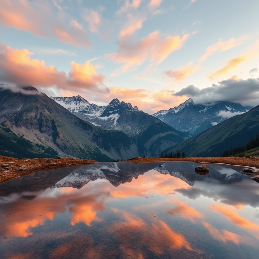 Generate an image of a serene mountain landscape at sunrise with soft clouds, vibrant colors in the sky, clear water reflecting the scene, use a DSLR camera with a 35mm lens, aperture set to f/8, ISO 100, and a tripod for stability.