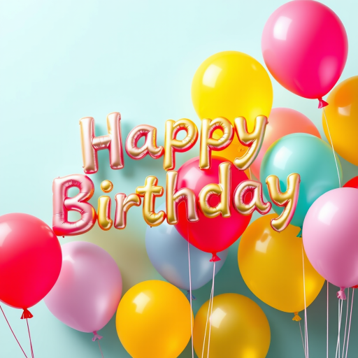 Create a high-resolution illustration of colorful balloons with the text Happy Birthday in a festive font, using a soft focus lens, 50mm aperture, f/2.8, and natural lighting, shot from a top-down view with a DSLR camera.